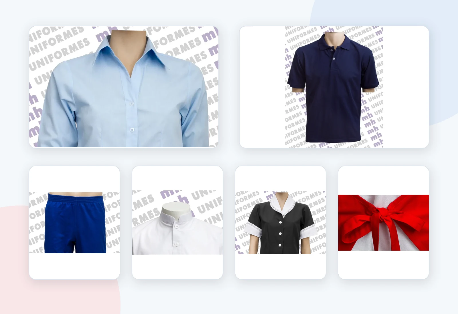 Composição com produtos reais do catálogo da MH Uniformes