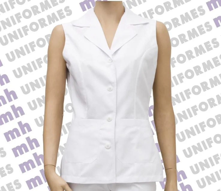 Conjunto Jaleco Sem Manga E Calça Capri Em Brim Branco - MH Uniformes